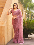 Womanista Womens Embroidered Net Saree With Faux Diamonds (Ti3099_Mauve)
