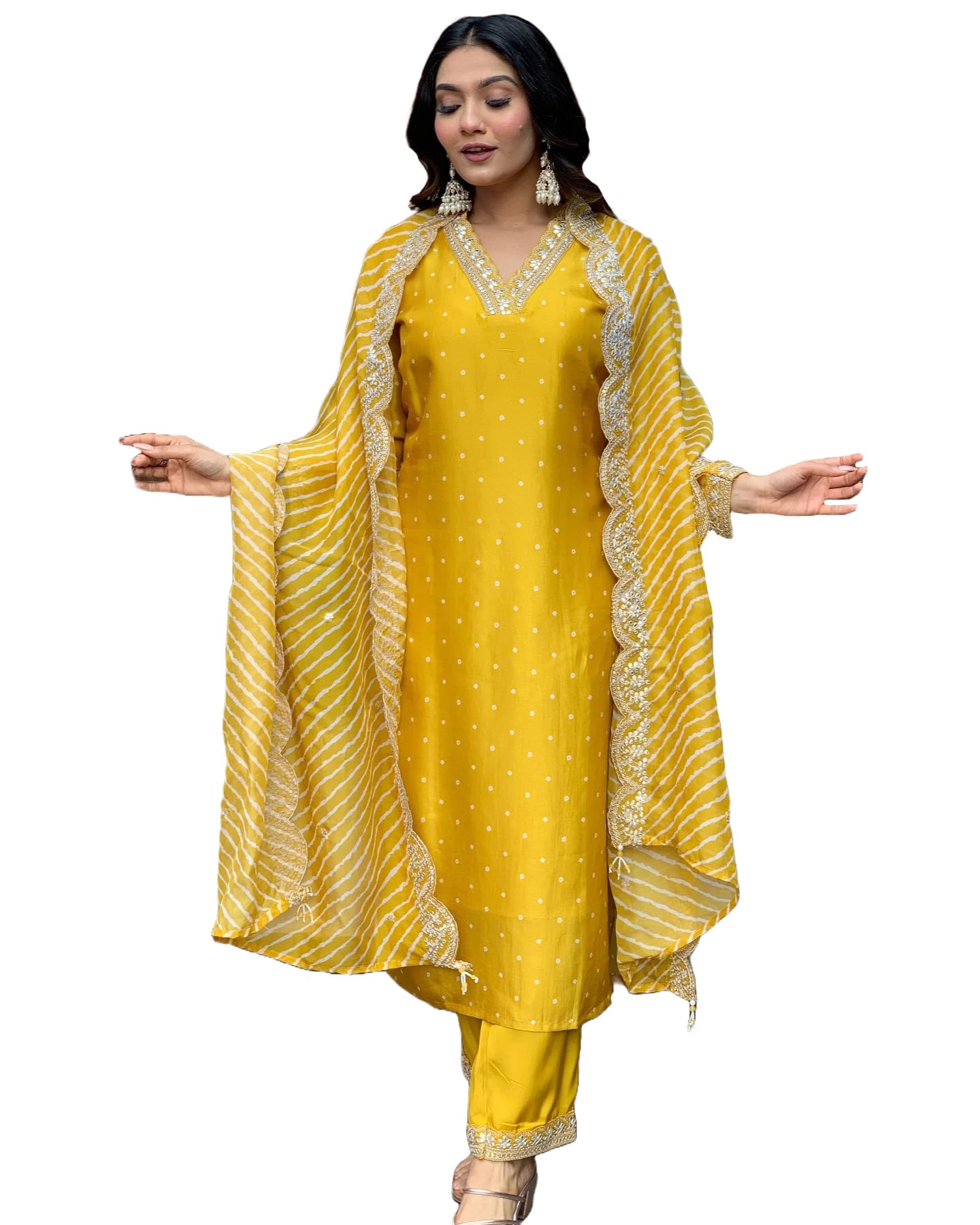 Anni Designer Women'S Rayon Blend Printed Straight Kurta With Pant & Dupatta (June Yellow_Xxl_Yellow_Xx-Large),Yellow,2XL,,,