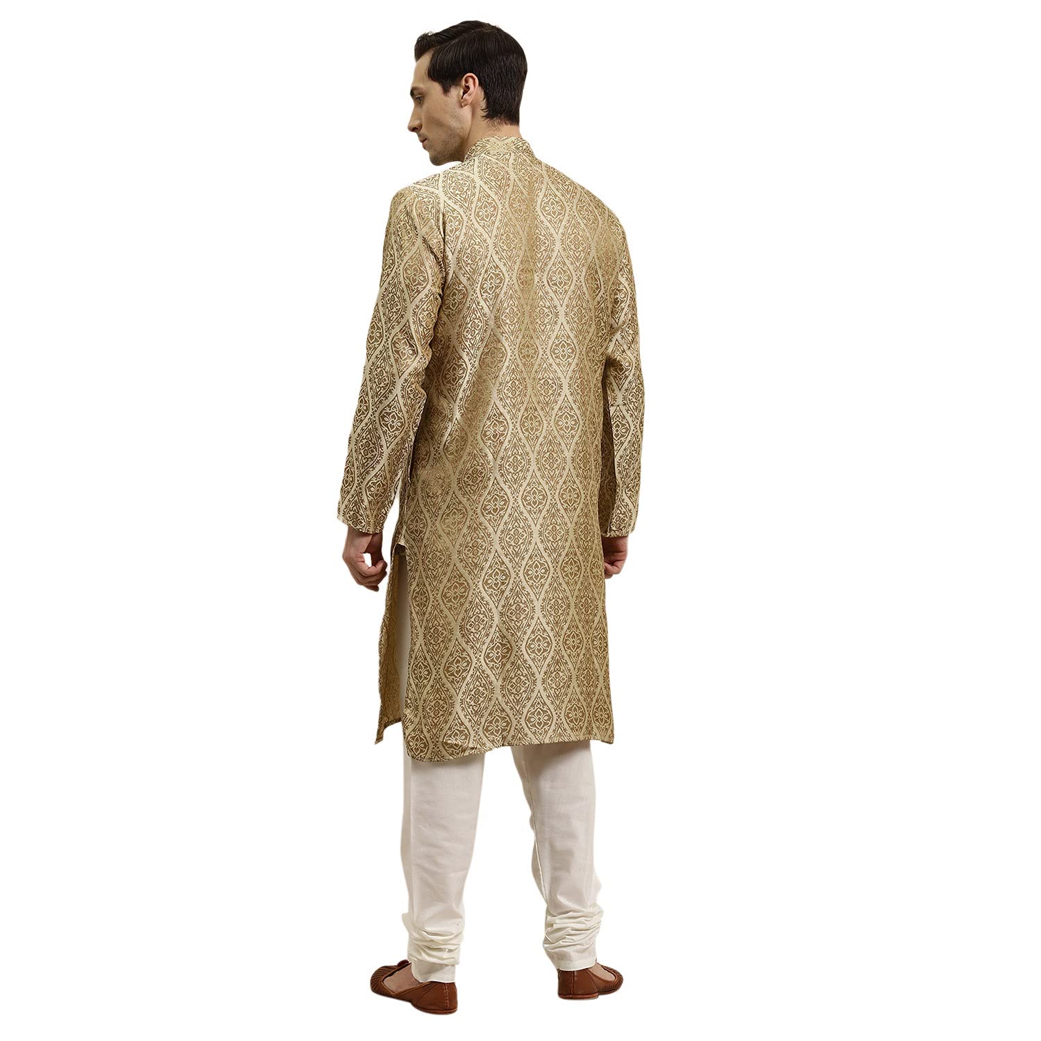 Sojanya (Since 1958 Men'S Jacquard Silk Beige & Gold Kurta & Off-White Churidar Pyjama Set Size 44