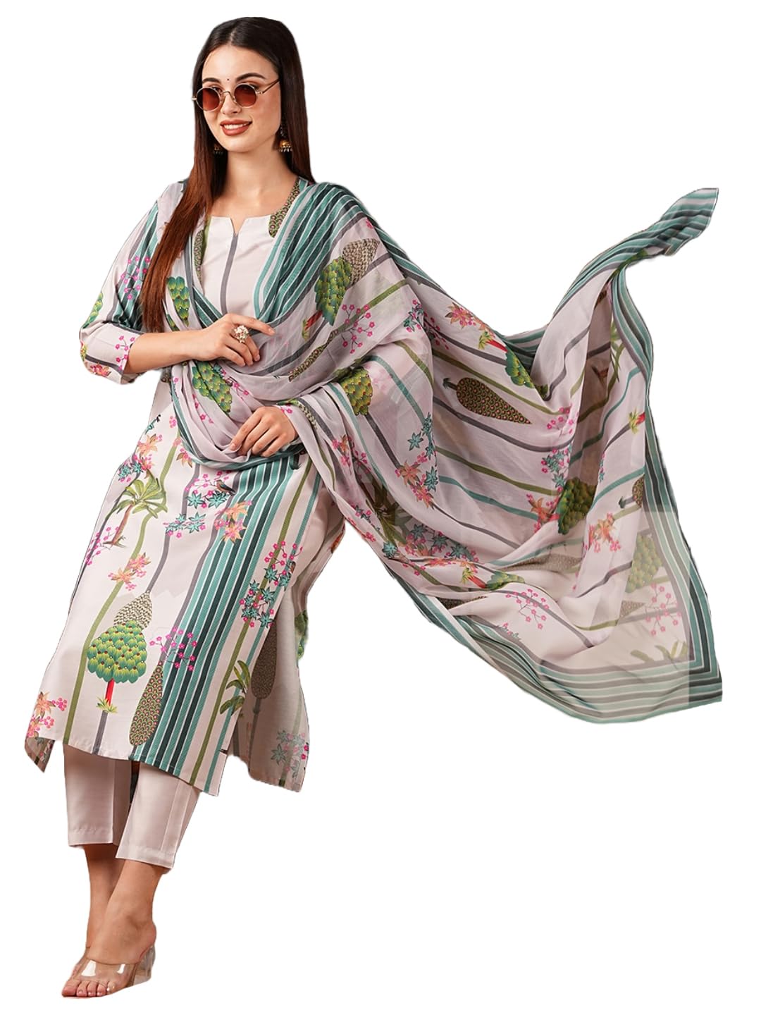 Anni Designer Women'S Cotton Blend Straight Printed Kurta With Pant & Dupatta (Darur Green_M_Green_Medium),Green,M