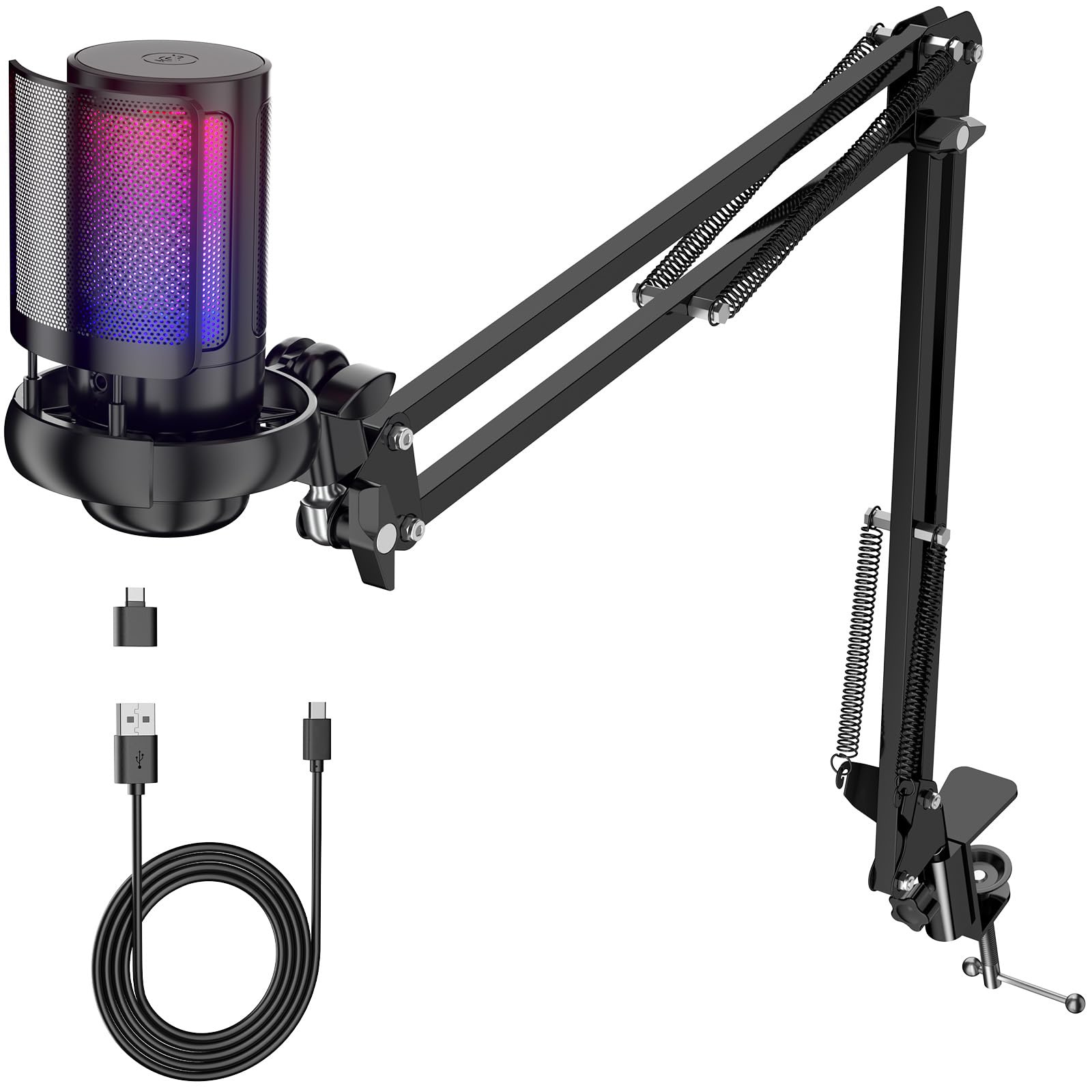 Gaming USB Microphone for PC,Podcast Microphone Kit for Streaming, Condenser Mic with Quick Mute, Boom Arm, Pop Filterm, RGB Ind