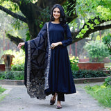 Anni Designer Women'S Rayon Blend Solid Anarkali Kurta With Pant & Dupatta (Friday Blue_S_Blue_Small),Blue,S,,,