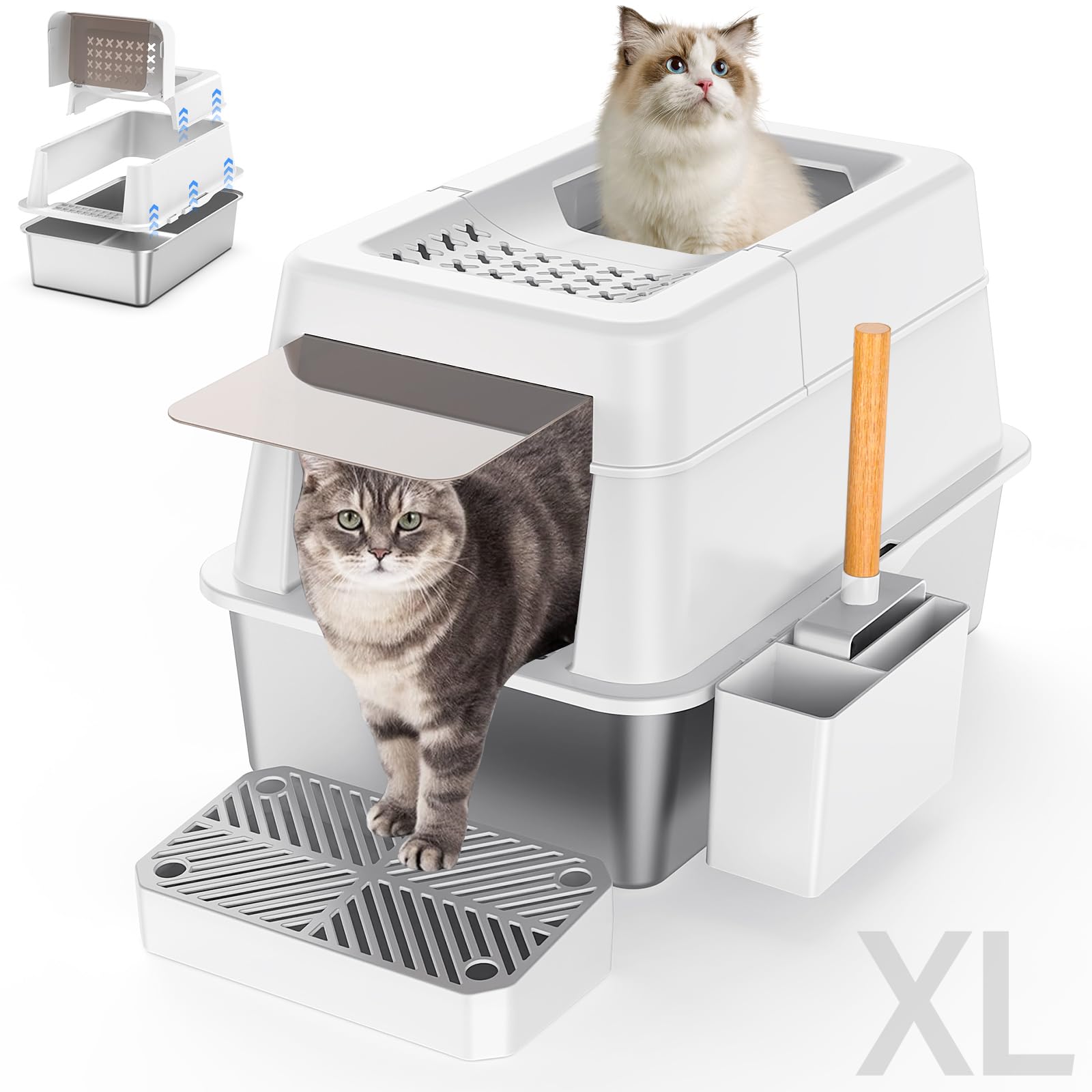 Stainless Steel Litter Box with Lid, XL Extra Large Enclosed Cat Litter Box for Big Cats 110 Flip Cover, Top Entry Metal High Si