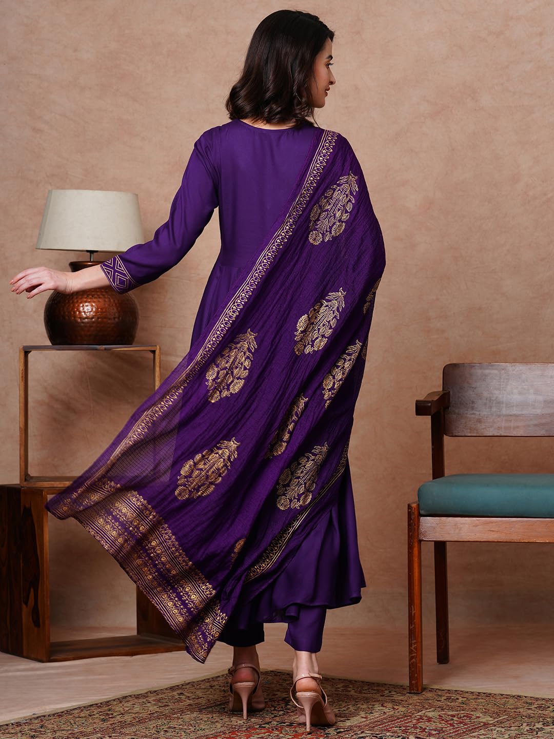 Gosriki Women'S Rayon Blend Solid Anarkali Kurta With Pant & Dupatta (Magic-Violet-Ndm-Gs_4Xl_Violet_Xxxx-Large),Violet,4,B0CX18RDW7
