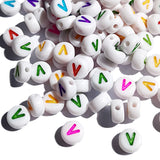 Yiizzxin 200pcs Colorful Acrylic Letter V Beads,4x7mm Round Flat Multicolor Letter V Beads,White Background Mixed Color Alphabet