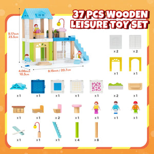 37-Piece Small Wooden Dollhouse, 3-Room DIY Doll House for Toddlers with 3 Movable Dolls, Dollhouse Furniture Accessories, Birth