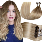 LaaVoo I Tips Hair Extensions Real Human Hair Blonde Itip Human Hair Extensions Balayage Brown to Ash Blonde with Platinum Blond