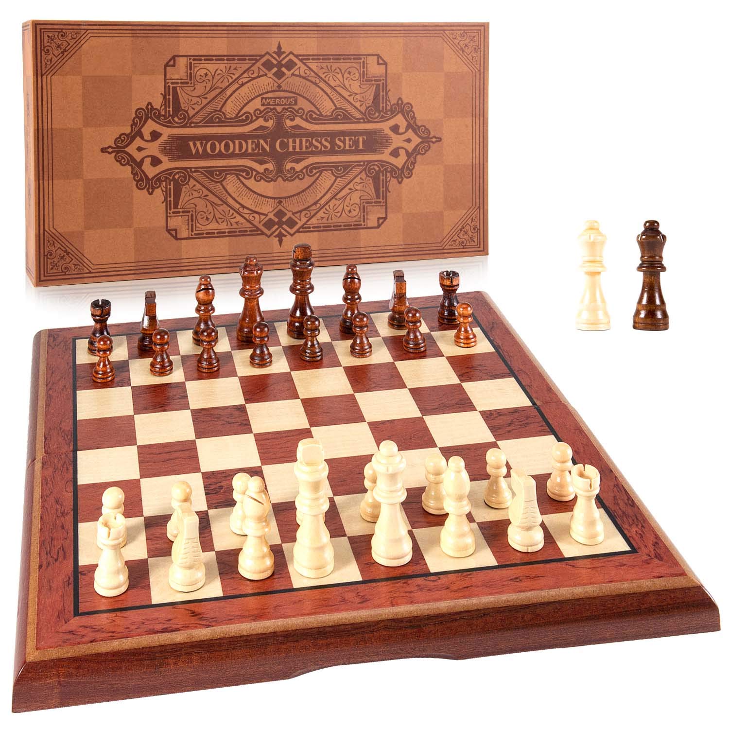 AMEROUS 15'' Magnetic Wooden Chess Set -Folding Board -2 Extra Queens -Chessmen Storage Slots -Gift Package, Travel Chess Board 