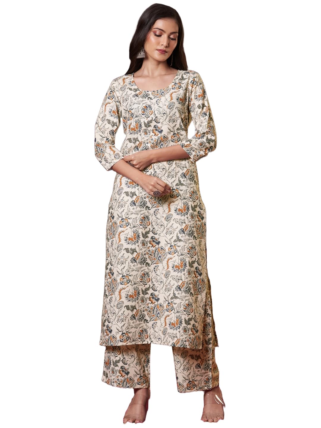 Anni Designer Women'S Rayon Viscose Straight Printed Kurta With Pant (Tirah Cream-Vks01_Xxl_Cream_Xx-Large),Cream,2XL,,,
