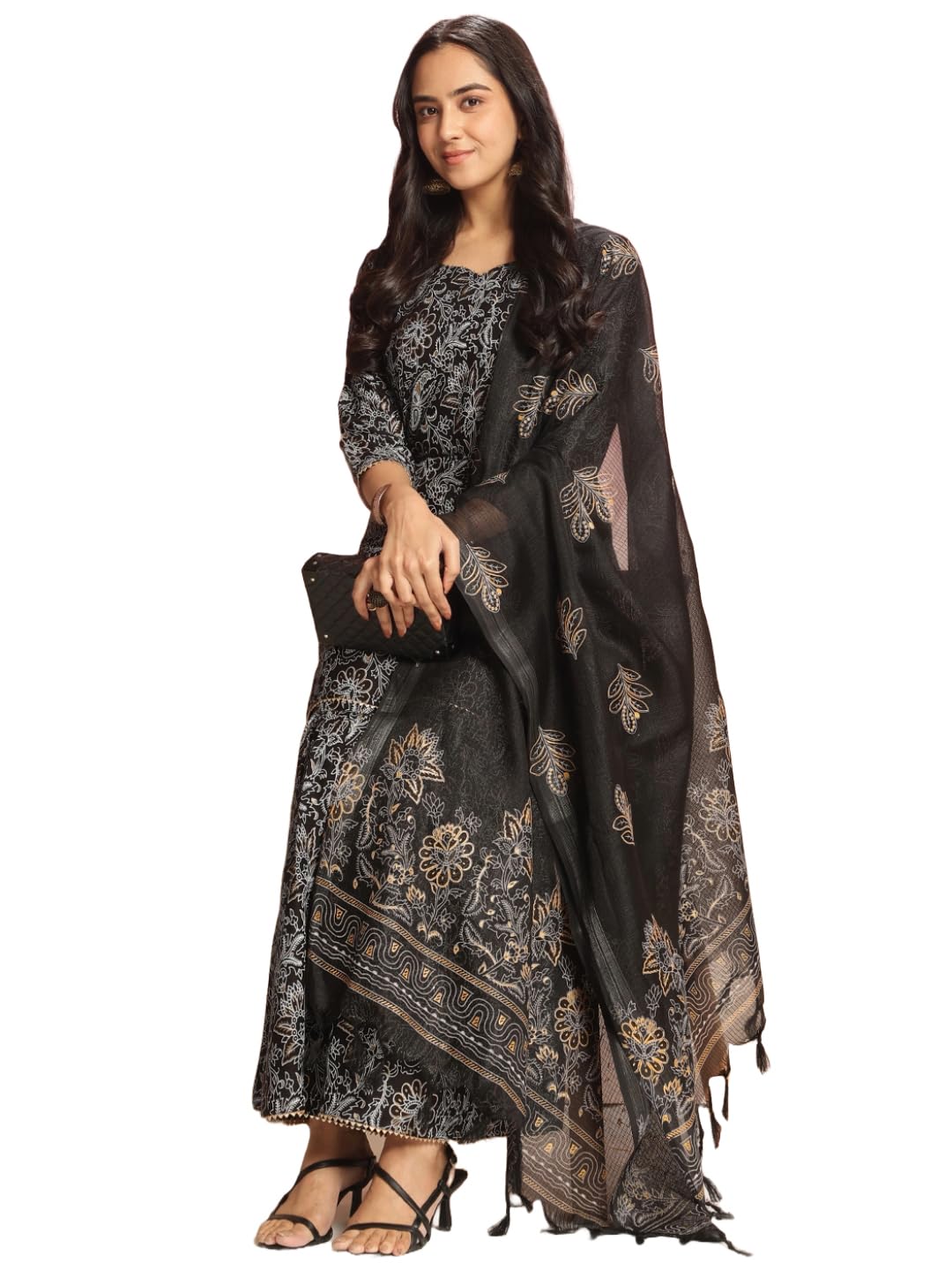 Anni Designer Women'S Rayon Viscose Straight Printed Kurta With Sharara & Dupatta (Niranjana Black-Vks01_Xl_Black_X-Large),Black,XL,,,