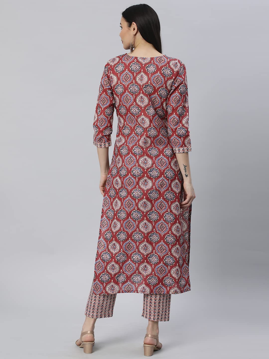 Anni Designer Women'S Cotton Blend Straight Printed Kurta With Pant (Priyani Red-Nw6_M_Red_Medium),Red,M,Cotton Blend,Regular,Pants