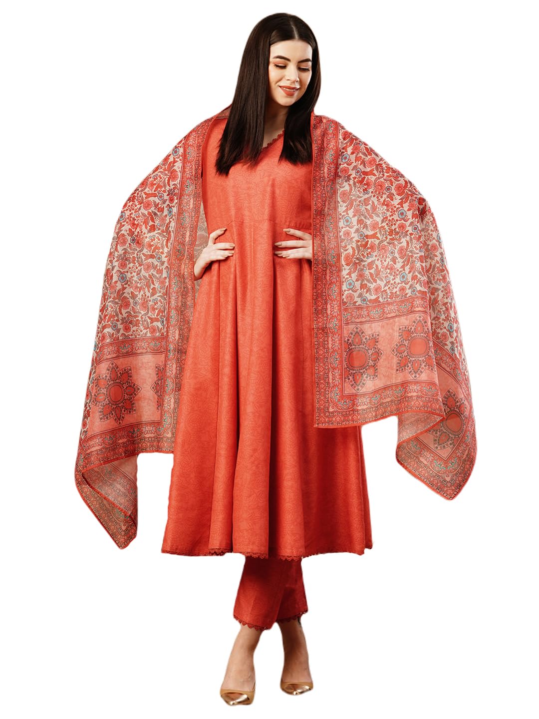 Anni Designer Women'S Cotton Blend Anarkali Solid Kurta With Pant & Dupatta (Utsav Peach-Fka_L_Peach_Large),Peach,L