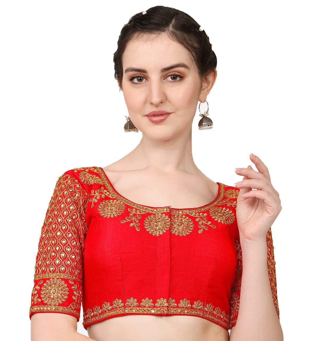 Vihu Fashion Women's Multicolor Heavy Hand Morpankh Sleeves Embroidery Thread Stone Work Phantom Silk Readymade Blouse for Saree