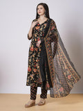 Anni Designer Women'S Rayon Viscose Printed Anarkali Kurta With Pant & Dupatta (Belono Black-Vks01_Xl_Black_X-Large),Black,XL,Rayon,Anarkali,
