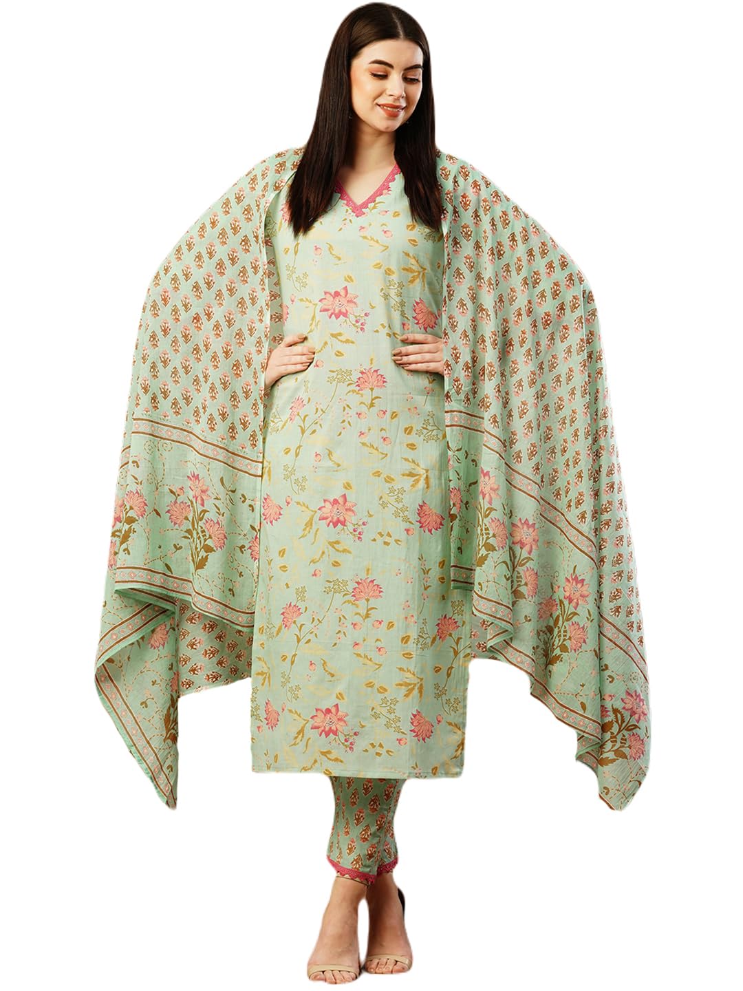 Anni Designer Women'S Cotton Blend Straight Printed Kurta With Pant & Dupatta (Drpo Wine_S_Wine_Small),Wine,S