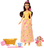 Mattel Disney Princess Belle Fashion Doll & Dog Figure with Color Change Spots, Bathtub, Brush & Hair Accessories, Inspired by B