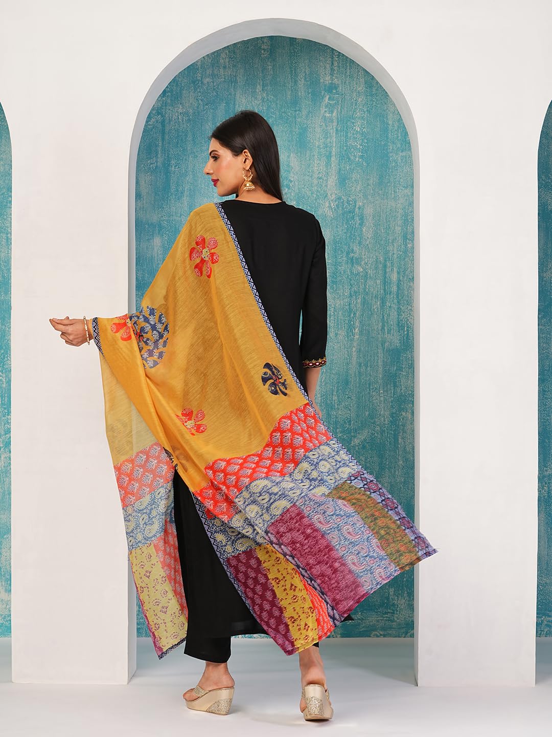 Gosriki Women'S Cotton Blend Embroidered Straight Kurta With Pant & Dupatta (Fronx Black-Nw-Gs_M_Black_Medium),Black,,B0D4J7YNNL