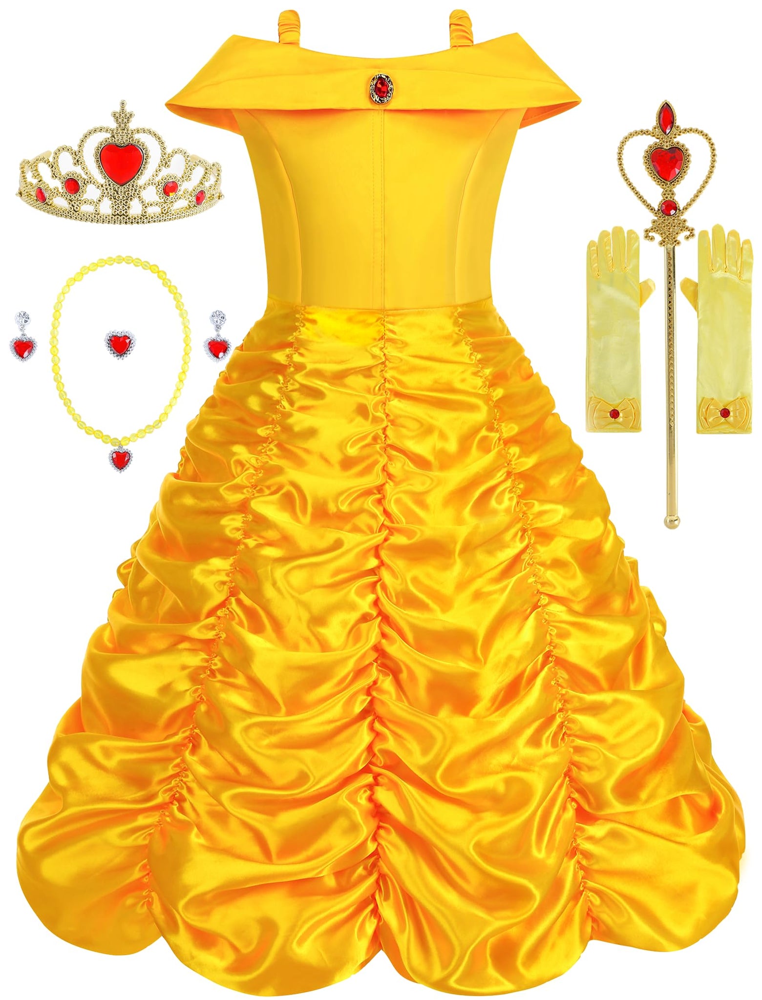 Aoiviss Princess Dress for Girls Off Shoulder Layered Yellow Princess Dress Up Clothes with Accessories Halloween Cosplay