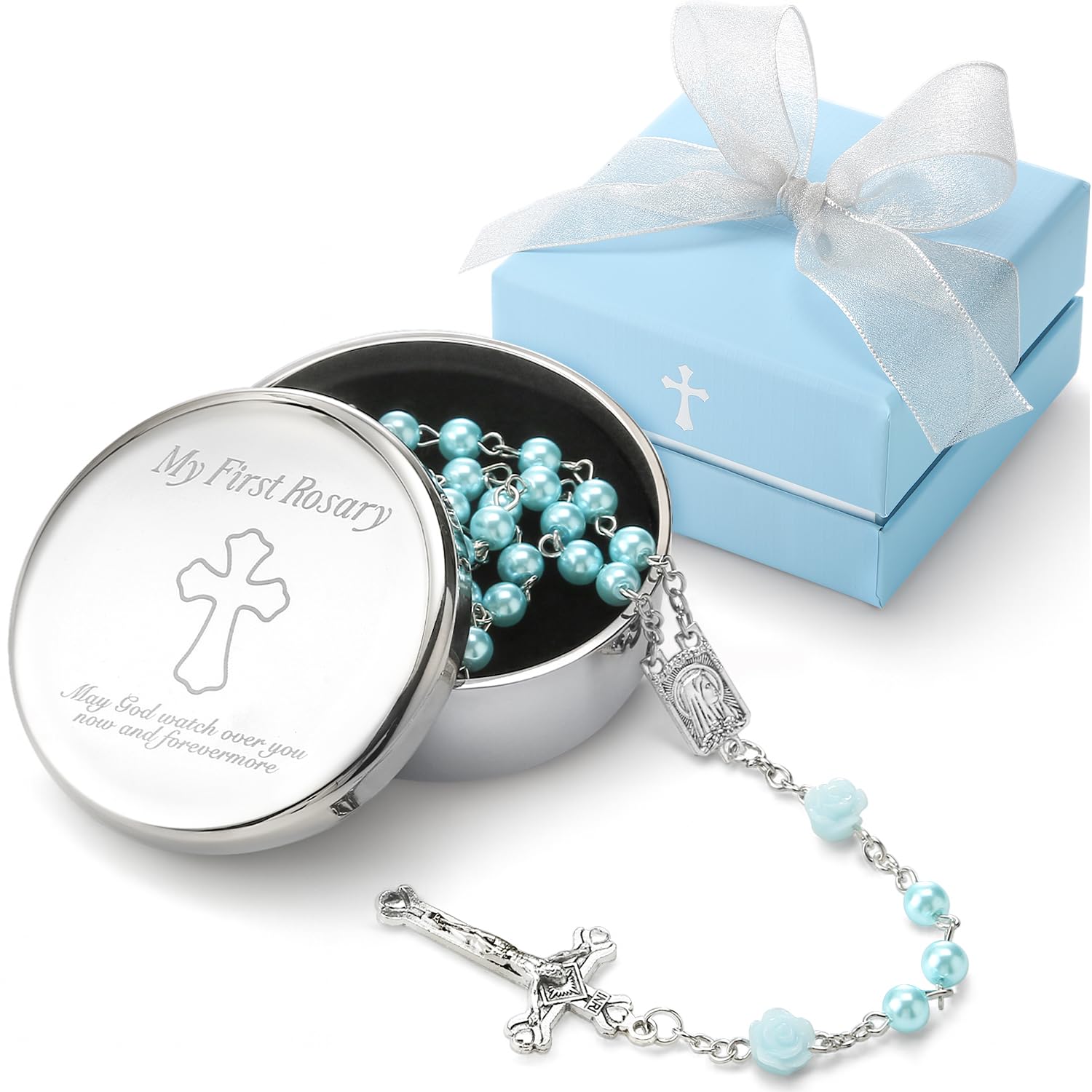 Baptism and Christening Gifts for Boys - My First Rosary with Silver-Plated Keepsake Box, Rosary for Kids, Perfect Catholic Bapt