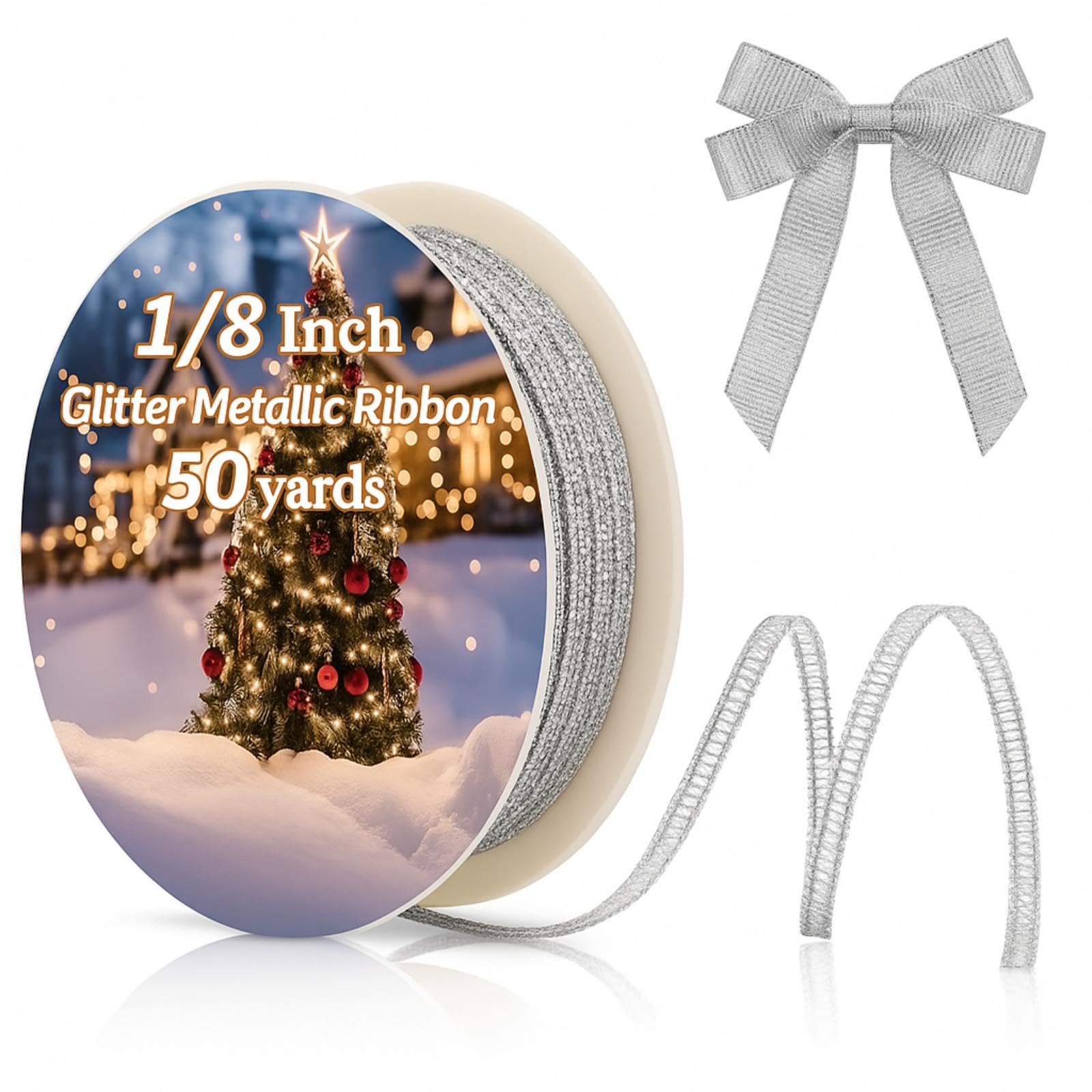 Norme 1/8 Inch Silver Glitter Metallic Ribbon for DIY Crafts, 50 Yards Sparkly Sewing Fabric Ribbon Gift Wrapping for Christmas 