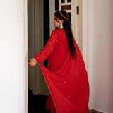 Anni Designer Women'S Rayon Blend Straight Embroidered Kurta With Pant & Dupatta (Simmu Red_M_Red_Medium),Red,M,Rayon Blend,Regular,