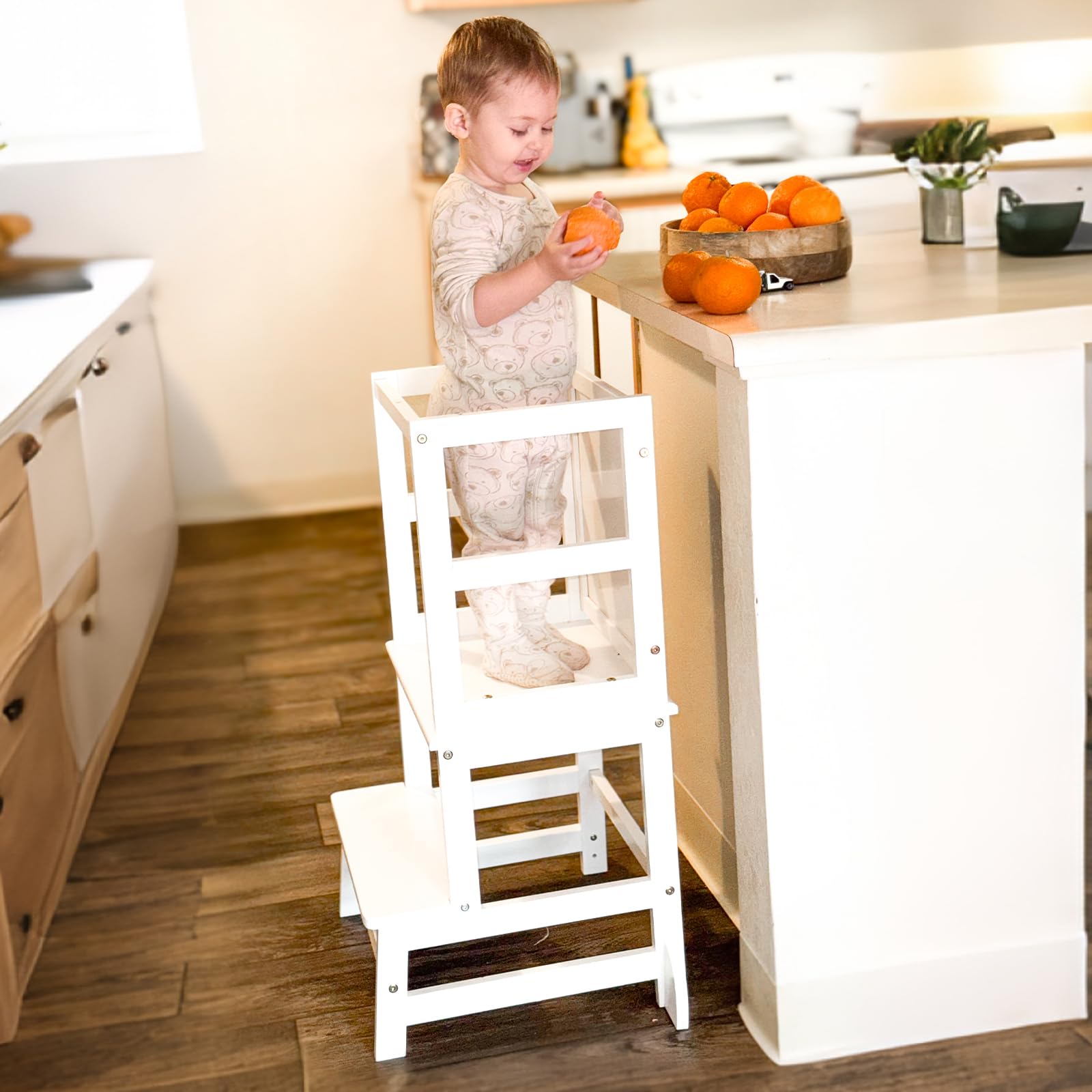Toddler Kitchen Stool Helper, Kitchen Step Stool for Kids with Chalkboard Safety Rail for Toddlers 18 Months and Olde
