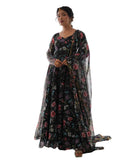 Women Floral Print Anarkali Kurta With Pant And Dupatta (Medium Black),Black,M