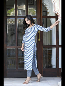 Gosriki Women'S Cotton Blend Straight Printed Kurta With Pant Set (Bitiya Blue-Cmd-Gs_S_Blue_Small),Blue,,B0C6QM8126