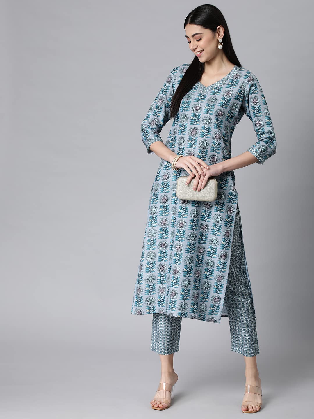 Anni Designer Women'S Cotton Blend Printed Straight Kurta With Pant (Jinki-Grey_Xl_Dark Blue_X-Large),Grey,XL,Cotton Blend,Regular,Pants