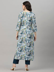 Gosriki Women'S Cotton Blend Straight Printed Kurta With Pant (Southz Blue-Nw-Gs_S_Blue_Small),Blue,,B0CNXVV7G7