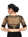 Vihu Fashion Womens Round Neck Checks Pattern Embroiderd Readymade Phantom Silk Saree Blouse (Size 38+Margin) (Black)