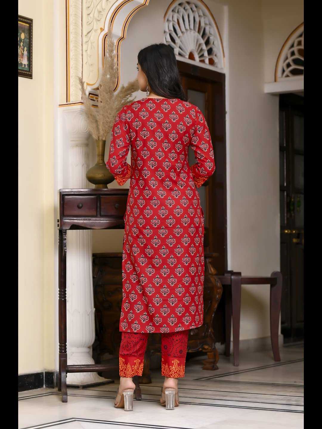 Anni Designer Women'S Cotton Blend Floral Printed Straight Kurta With Pants & Dupatta (Shank-Maroon-Cmd_L_Maroon_Large),Maroon,L,Cotton Blend,Regular,Dupatta