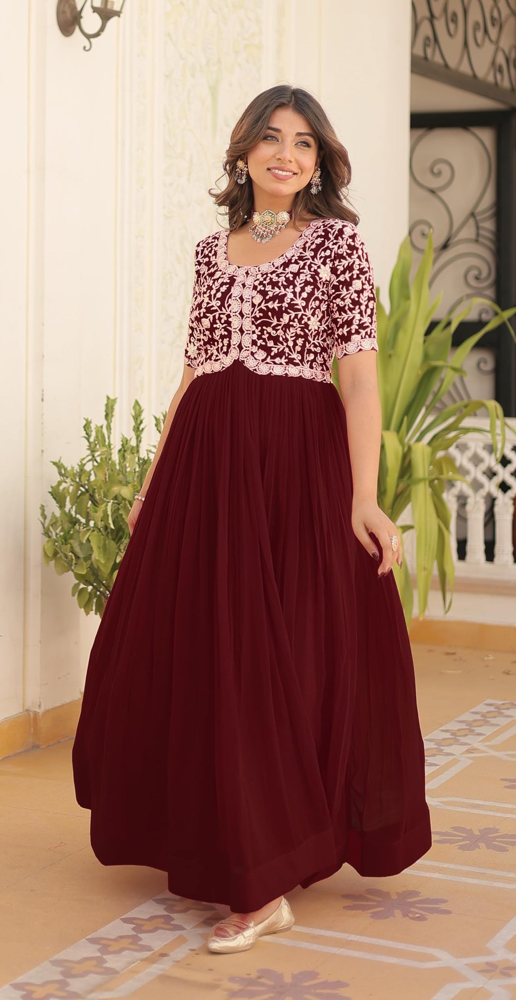 Fashion Basket Georgette Embroidered Anarkali Gown For Women Maroon Maroon L