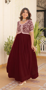 Fashion Basket Georgette Embroidered Anarkali Gown For Women Maroon Maroon L