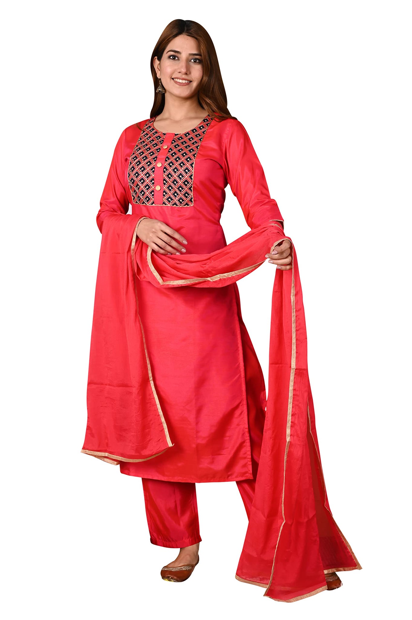 Gosriki Women'S Silk Blend Straight Printed Kurta With Pant And Dupatta (Tia-Red_L-Go Red_Large),Red,,B09S3KF91B