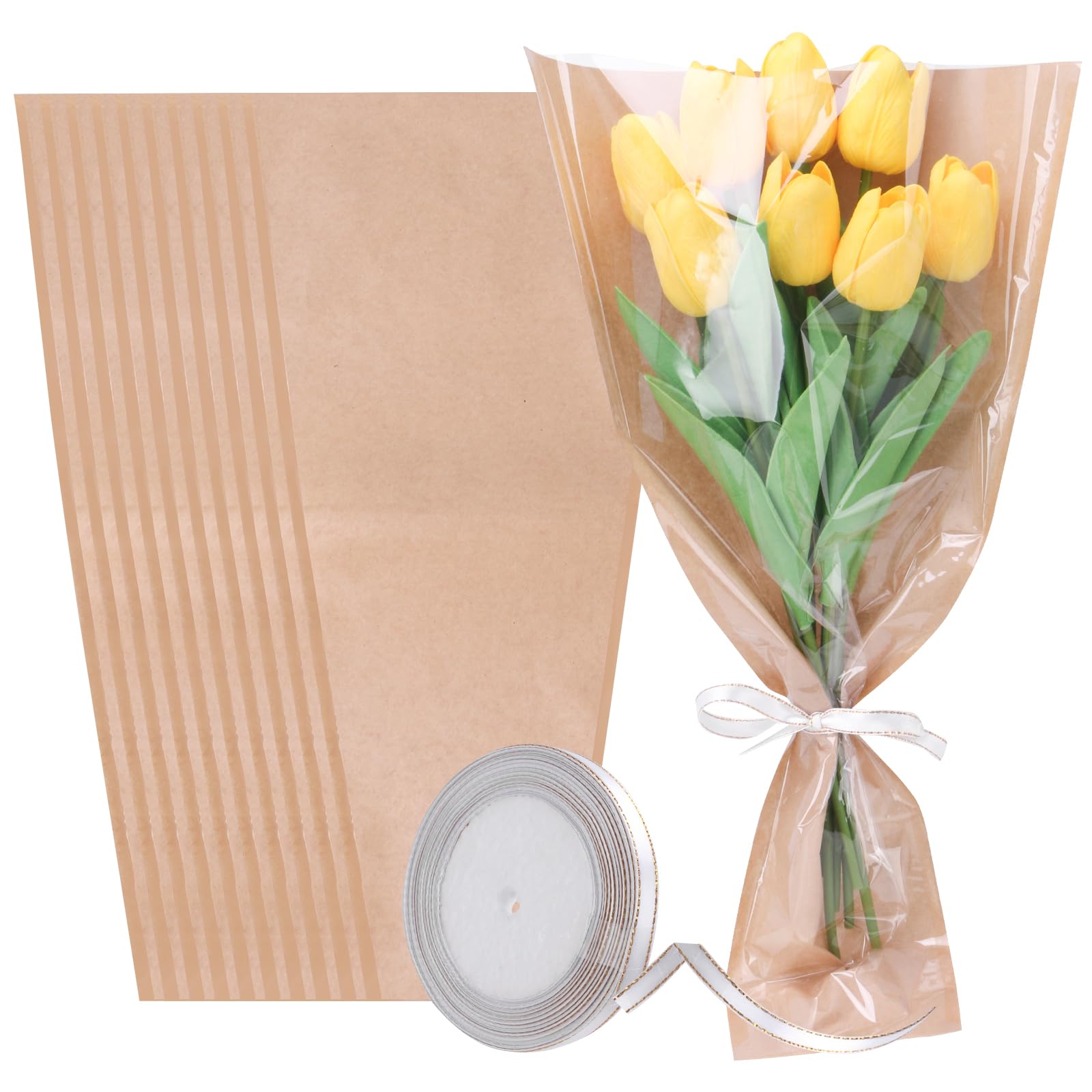 JIYUANCH 100Pcs Flower Wrapping Bags Kraft Paper Flower Sleeves for Bouquets Flower Bags for Birthday Wedding Graduation Gift, F