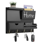 Dvobez Black Farmhouse Key Holder for Wall with Mail Organizer, 6-in-1 Entryway Organizer with Chalkboard, Drawer, Phone Wallet Holder, Top Shelf and 4 Double Hooks