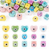 Elecrelive 30Pcs Evil Eye Ceramic Beads Heart Cube Round Porcelain Beads 5 Colors Loose Evil Eye Charms for DIY Bracelets Earrin
