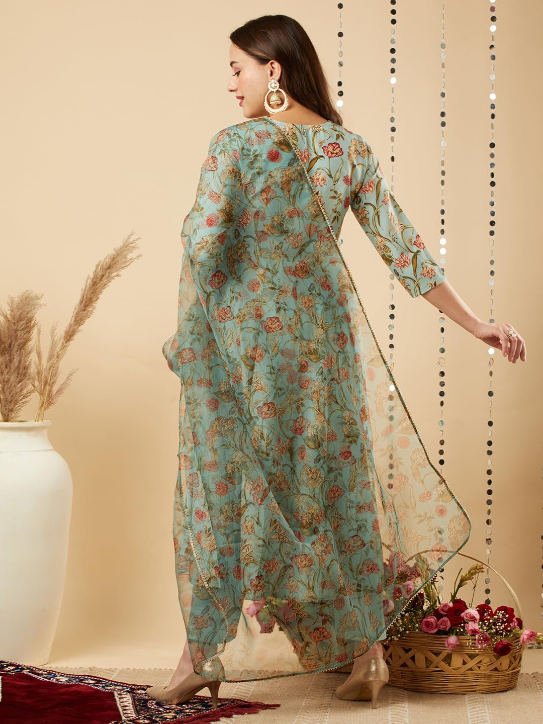 Gosriki Women'S Cotton Blend Anarkali Printed Kurta With Pant & Dupatta (Meets-Green-Gs_S_Green_Small),Green,,B0CJY793RH
