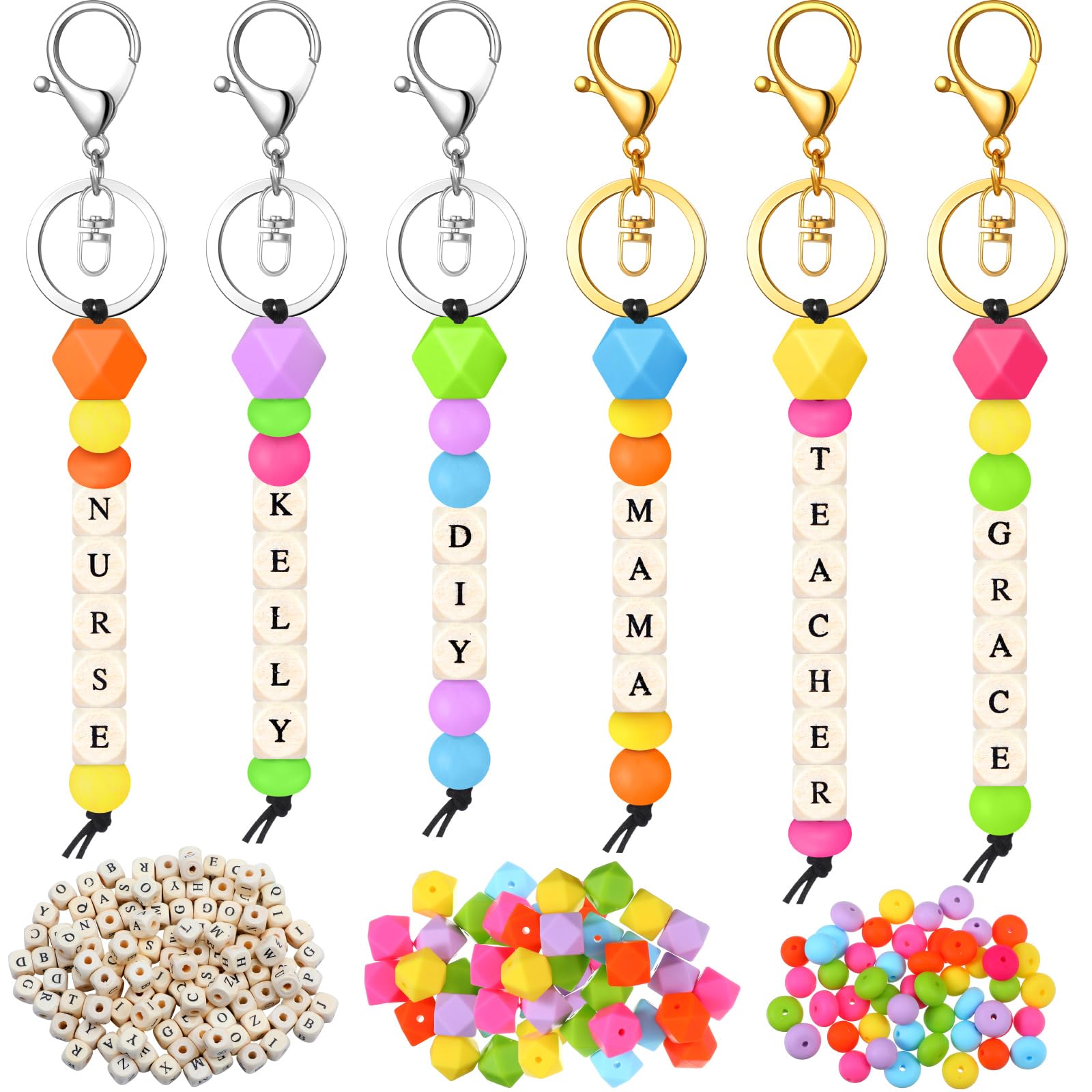 Landical 342 Pcs DIY Bead Keychain Kit Colorful Silicone Bead Personalized Letter Jewelry for DIY Key Ring Women Teacher Gift(Vi