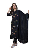 Wedani Silk Blend Floral Printed Kurta Set With Dupatta For Women Black,BLACK,M
