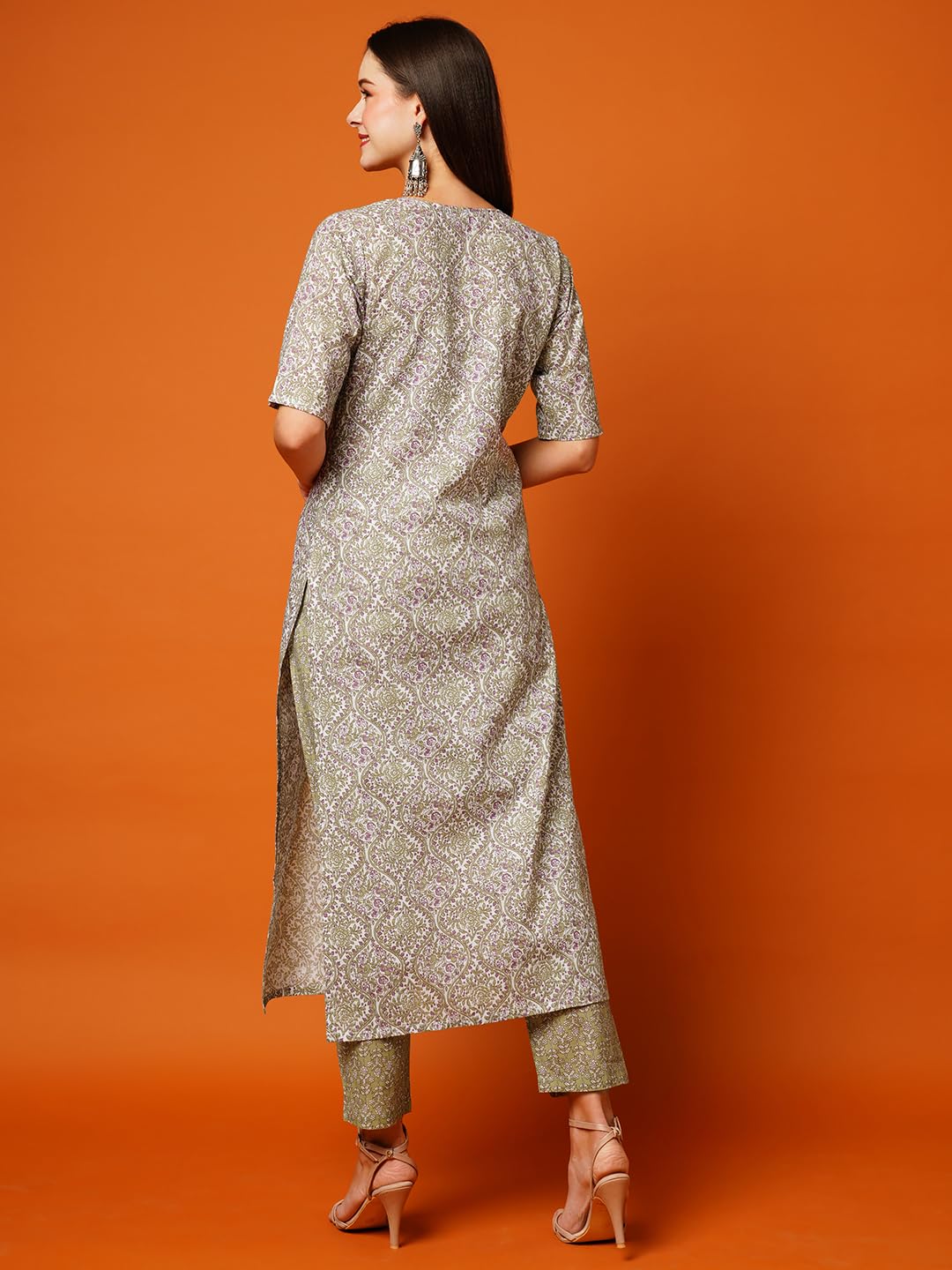 Anni Designer Women'S Cotton Blend Printed Straight Kurta With Pant (Batakli-Pista_S_Pista_Small),Pista,S,Cotton Blend,Regular,