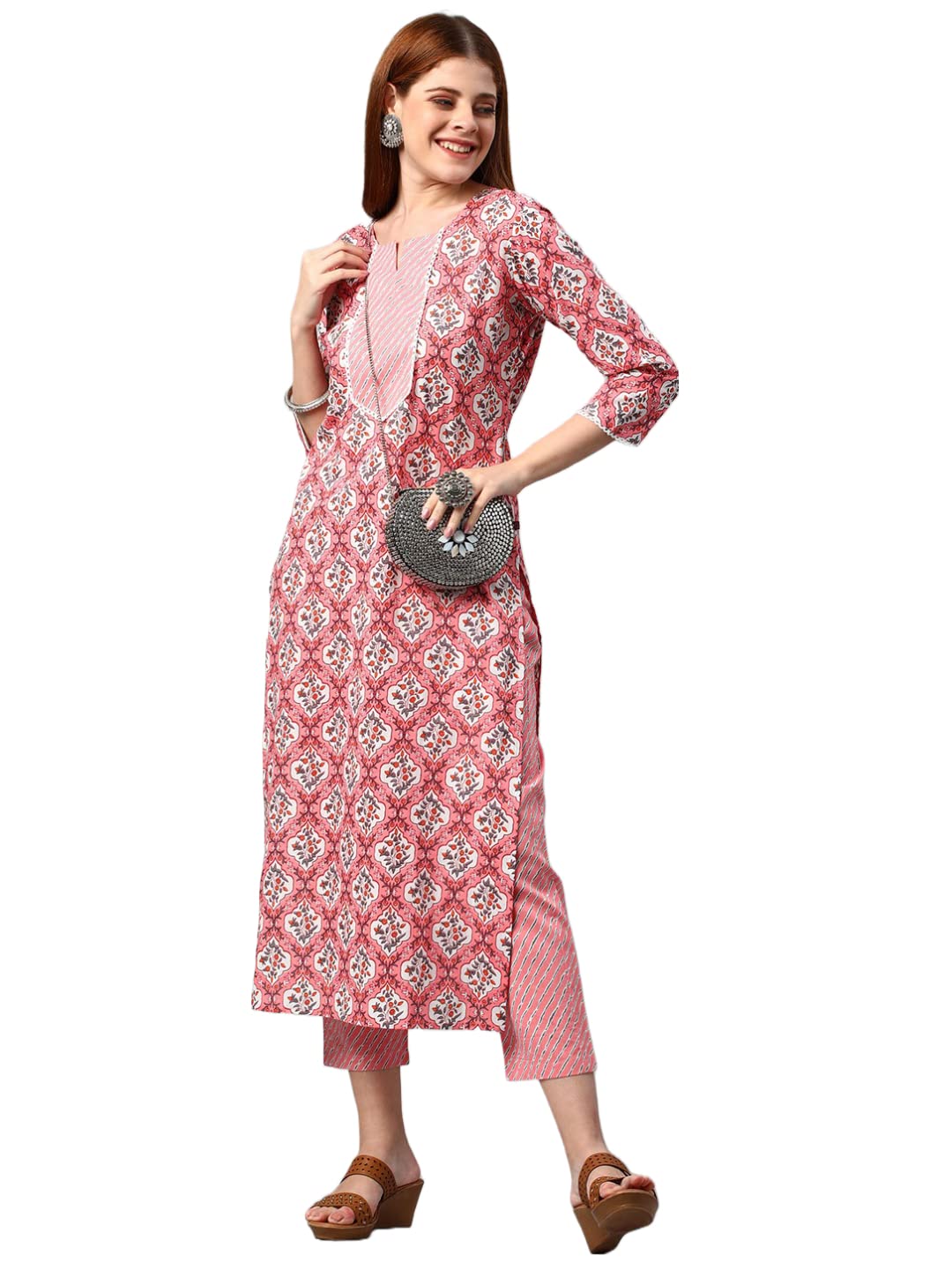 Anni Designer Women'S Cotton Blend Printed Straight Kurta With Pant (Jinki-Peach_L_Dark Blue_Large),Peach,L