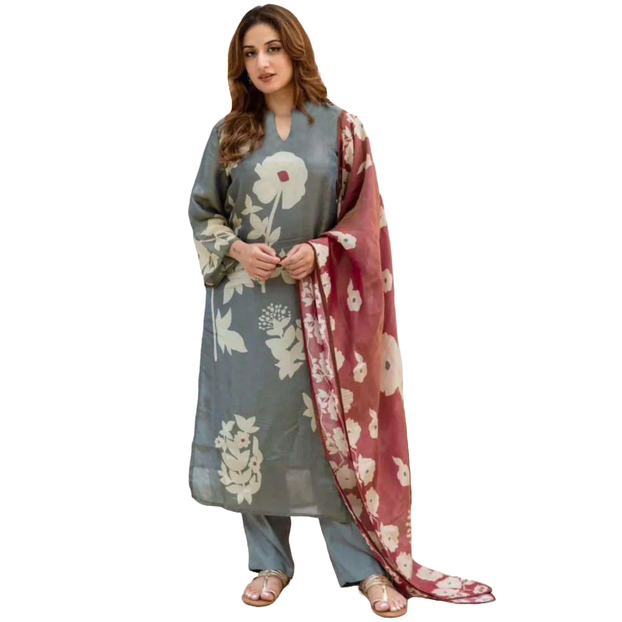 Anni Designer Women'S Rayon Viscose Printed Straight Kurta With Pant & Dupatta (Panuja Grey_S_Grey_Small),Grey,S