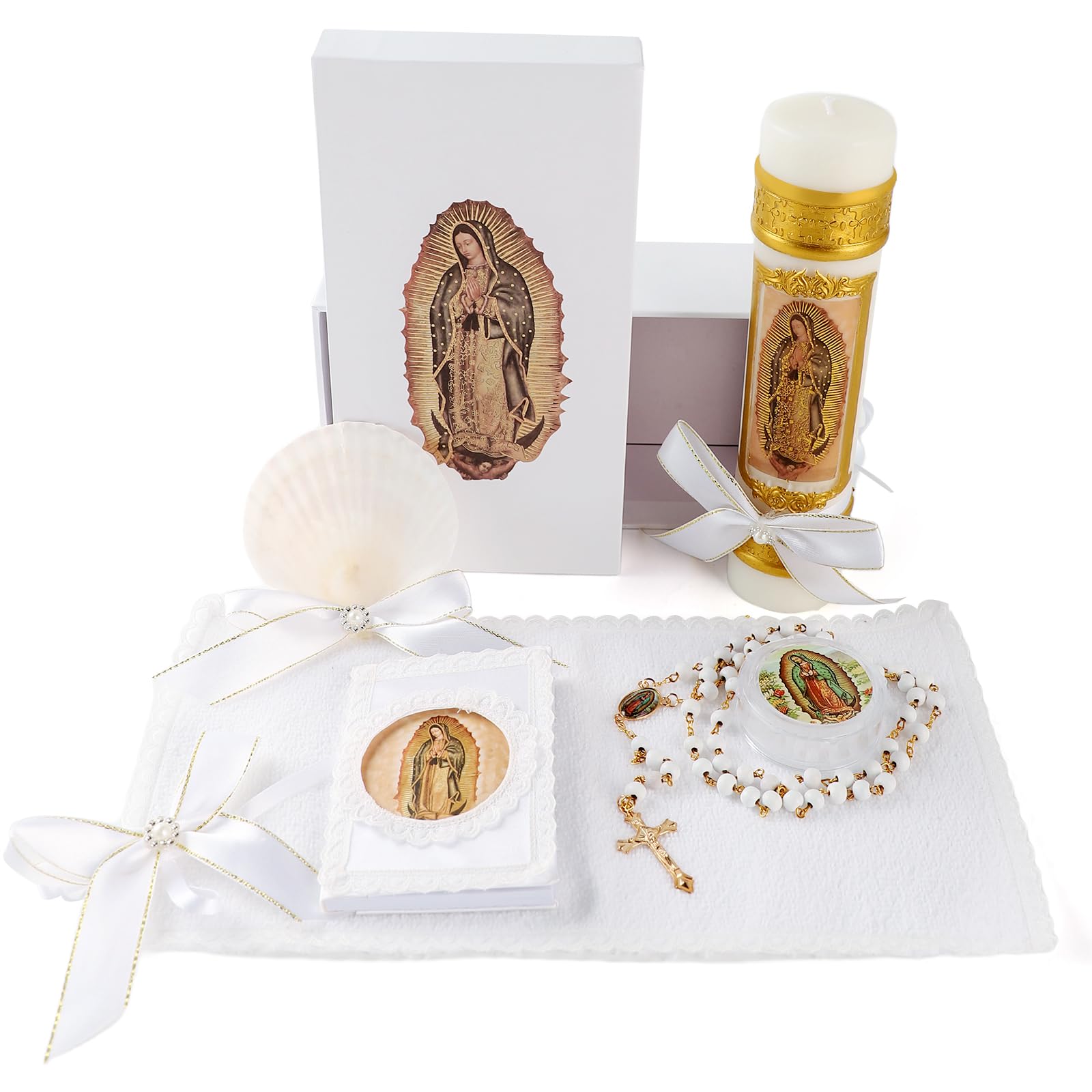 Baptism Candle Set for Boys and Girls,5 PCS Baptism Kit Virgen De Guadalupe Catholic Candle,Towel,Shell,Rosary,Bible for Baptism