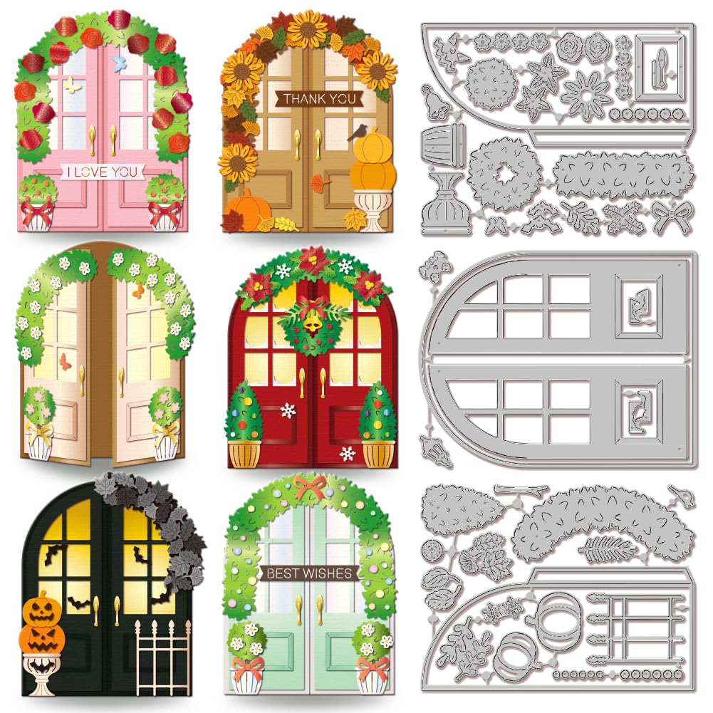 GLOBLELAND Holiday Doors Cutting Dies for Card Making Halloween Thanksgiving Day Christmas Door Cut Die for DIY Scrapbooking Jou