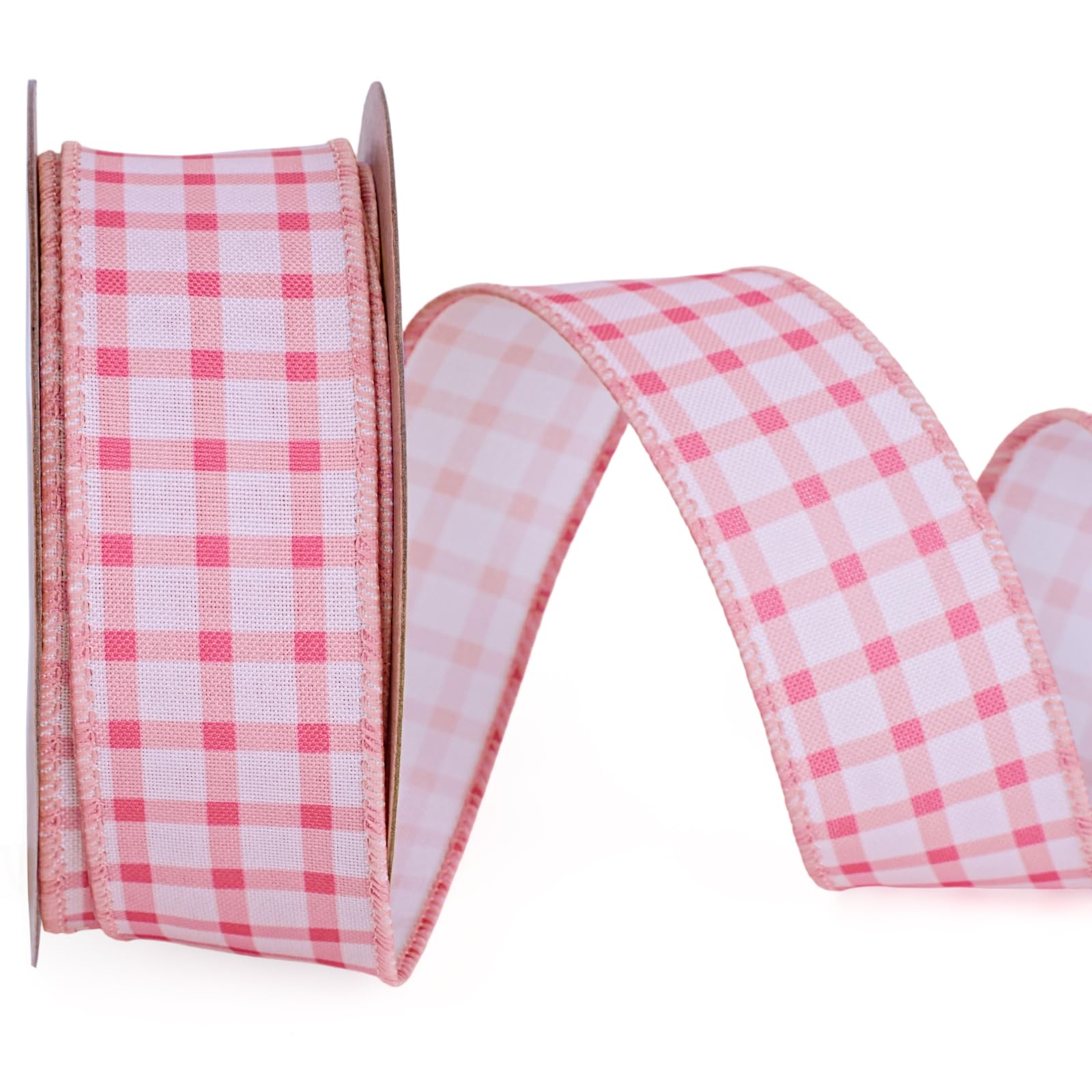 LaRibbons Gingham Burlap Ribbon Wired 1 1/2 Inch x 10 Yards, Pink Check Plaid Ribbon for Wreaths, Gift Wrapping, Bows, Wedding &