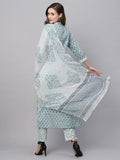 Anni Designer Women'S Cotton Blend Straight Printed Kurta With Pant & Dupatta (Dudu Blue_L_Blue_Large),Blue,L,,,