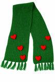 Kreative 1 Pc Of Handknit Green Ribbed Scarf With Crochet Red Hearts, Woolen Muffler With Fringe Tassels (Green)