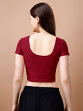 Pujia Mills Women'S Readymade Dobby Cotton Lycra Stretchable Round Neck Short Sleeve Blouse Fancy Maroon Color Lycra Stretchable Blouse For Women Stylish Readymade Saree Blouse Maroon L